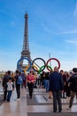 Olympic games 2024 symbol on Trocadero place in front of the Eiffel tower in Paris, France