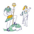 Olympic Gods Poseidon or Neptune Wearing Crown and Trident, God of Sea and Ocean and Aphrodite or Venus Goddess