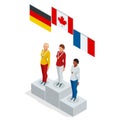 Olympic Podium stand isometric sports woman winner athlete Athletic Podium. Three men on place pedestal, first place