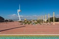 Olympic Ring complex in Barcelona, pillars and communication tower Calatrava, wide angle view Royalty Free Stock Photo