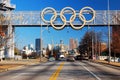 The Olympic Rings over the Atlanta skyline Royalty Free Stock Photo