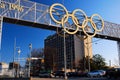 The Olympic rings hang over Atlanta Royalty Free Stock Photo