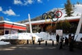 Olympic Rings hang over a ski village