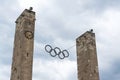 Olympic rings symbol hanging over Olympic stadium in Berlin, Germany