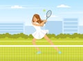 Olympic Sport with Woman Hitting Ball with Racket Playing Tennis Vector Illustration
