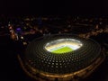 Olympic Stadium without people. Panoramic view of city with lights and stadium from above. Night time. Stadium before the game Royalty Free Stock Photo