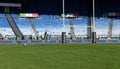 Olympic stadium of Rome, wide shot of empty field ground with rugby posts, view from field. Olympic Stadium, Rome, Italy, 3 feb