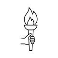 Olympic torch with fire in hand, line icon. Burning Olympic torch symbol of sport games. Competition of athletes in