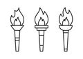 Olympic torch with fire, line icon set. Burning Olympic torch symbol of sport games. Competition of athletes in sport