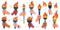 Olympic torch set. Vector isolated burning torches flames in hands. Symbols of relay race, competition victory, champion Royalty Free Stock Photo