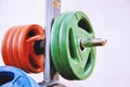 Olympic training rubberized discs of different weights in the gym Royalty Free Stock Photo