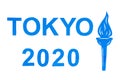 Olympics, Japan, Tokyo, summer, 2020. The phrase`Tokyo 2020` in blue letters and a torch cut out of cardboard on a white backgrou