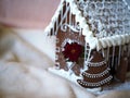 Gingerbread christmas tree with red flower in front of a gingerbread house