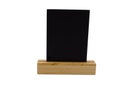 Portrait of Blackboard stand on wooden against on white background