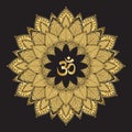 Om symbol with mandala. Round golden Pattern on black background.