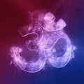 Om symbol Red Blue. Hindu religion. Abstract night sky background Royalty Free Stock Photo