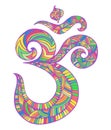 Om symbol sacred sound colorful pattern with maze of ornaments. Psychedelic stylish element Aum. Vector hand drawn Royalty Free Stock Photo