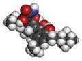 Omadacycline antibiotic drug molecule. 3D rendering. Atoms are represented as spheres with conventional color coding: hydrogen . Royalty Free Stock Photo