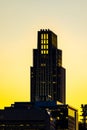 Setting sun over Omaha downtown buildings; FNBO Royalty Free Stock Photo