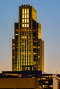 Setting sun over Omaha downtown buildings; FNBO Royalty Free Stock Photo