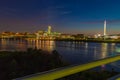 Omaha Nebraska downtown skyline at dusk. Bob Kerrey foot bridge over Missouri river. Royalty Free Stock Photo