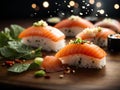 Omakase, Japanese cuisine, sushi roll, nigiri, and sashimi, cinematic advertising