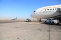 Oman air, muscat, Oman, 28 September 2017, flight transfer loading outside airplane at the airport daytime