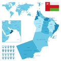 Oman detailed administrative blue map with country flag and location on the world map.