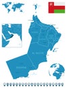 Oman - detailed blue country map with cities, regions, location on world map and globe. Infographic icons