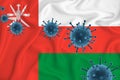 Oman flag. Blue viral cells, pandemic influenza virus epidemic infection, coronavirus, infection concept. 3d-rendering