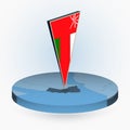 Oman map in round isometric style with triangular 3D flag of Oman