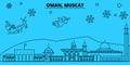 Oman, Mascat winter holidays skyline. Merry Christmas, Happy New Year decorated banner with Santa Claus.Oman, Mascat