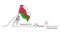 Oman National Day illustration with hand, flag, lettering. One continuous line drawing concept