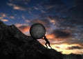 Woman pushing big rock uphill. Sisyphus businesswoman