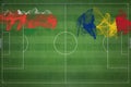 Oman vs Romania Soccer Match, national colors, national flags, soccer field, football game, Copy space