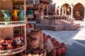 Omani Souvenirs. Hand Made Pottery in Nizwa Market. Clay Jars at the Rural Traditional Arabic Bazaar, Oman. Arabian Peninsula.