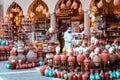 Omani Souvenirs. Hand Made Pottery in Nizwa Market. Clay Jars at the Rural Traditional Arabic Bazaar, Oman. Arabian Peninsula.