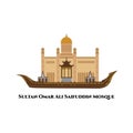 Omar Ali Saifuddien Mosque. An Islamic mosque in Bandar Seri Begawan, the capital of Brunei. Flat cartoon style historic sight Royalty Free Stock Photo