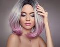 Ombre bob pink hair woman. Glitter Makeup. Manicure nails. Beaut Royalty Free Stock Photo