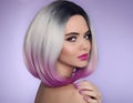 Ombre bob short hairstyle. Beautiful hair coloring woman. Manicure nails. Fashion Trendy haircut. Blond model with short shiny ha Royalty Free Stock Photo