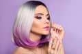 Ombre bob short hairstyle. Woman portrait with blond purple hair and manicured nails. Beauty makeup. Beautiful girl model isolated Royalty Free Stock Photo