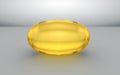 Omega 3 acid, yellow gelatin capsule 3d rendering illustration with copyspace. Vitamin drop gold pill realistic