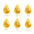 Omega 3, 6, 9 acids and vitaminsA, D, E drops gold icon. Polyunsaturated fatty. Nutrition skin care design and Beauty treatment.