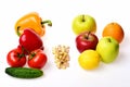 Omega 3 capsules, apples, citruses and vegetables. Royalty Free Stock Photo