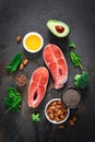 Omega-3 fats. Salmon fish and vegetarian sources of unsaturated fatty acids. Healthy food concept for good health Royalty Free Stock Photo