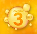 Omega Fatty Acid, EPA, DHA. Omega Three, Natural Fish, Plants Oil. Vector stock illustration.