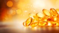 Omega 3. Fish oil capsules on bokeh background. Omega 3 vitamin in pills. Golden Omega-3 Fish Oil pills. Shiny Fish Oil Pills,