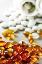 Omega 3 fish oil. Organic supplements vitamins yellow capsules. Vitamins for health.