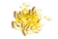 Omega 3 fish oil supplement softgel capsules isolated on white background