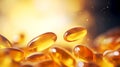 Omega 3. Glossy Fish Oil Pills on shiny background. Omega 3 vitamin in capsules. Golden Omega-3 Fish Oil pills. Illuminated Omega-